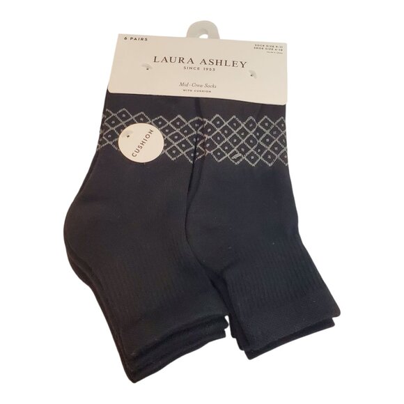 NWT LAURA ASHLEY SZ 9-11 Shoe SZ 4-10 6 Pair Women's Cushion MidCrew Socks Black - Picture 1 of 5